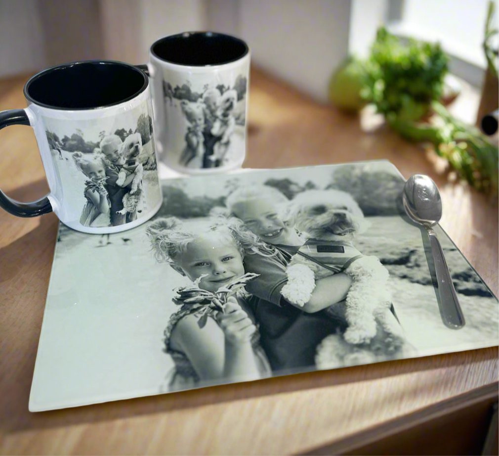 A4 Photo Smooth Chopping Board and 2 Photo Mugs Bundle