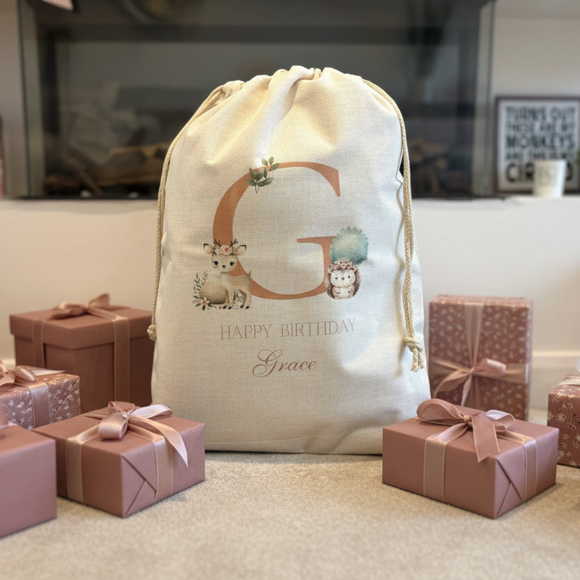 Dusky Pink Woodlands Initial Birthday Sack