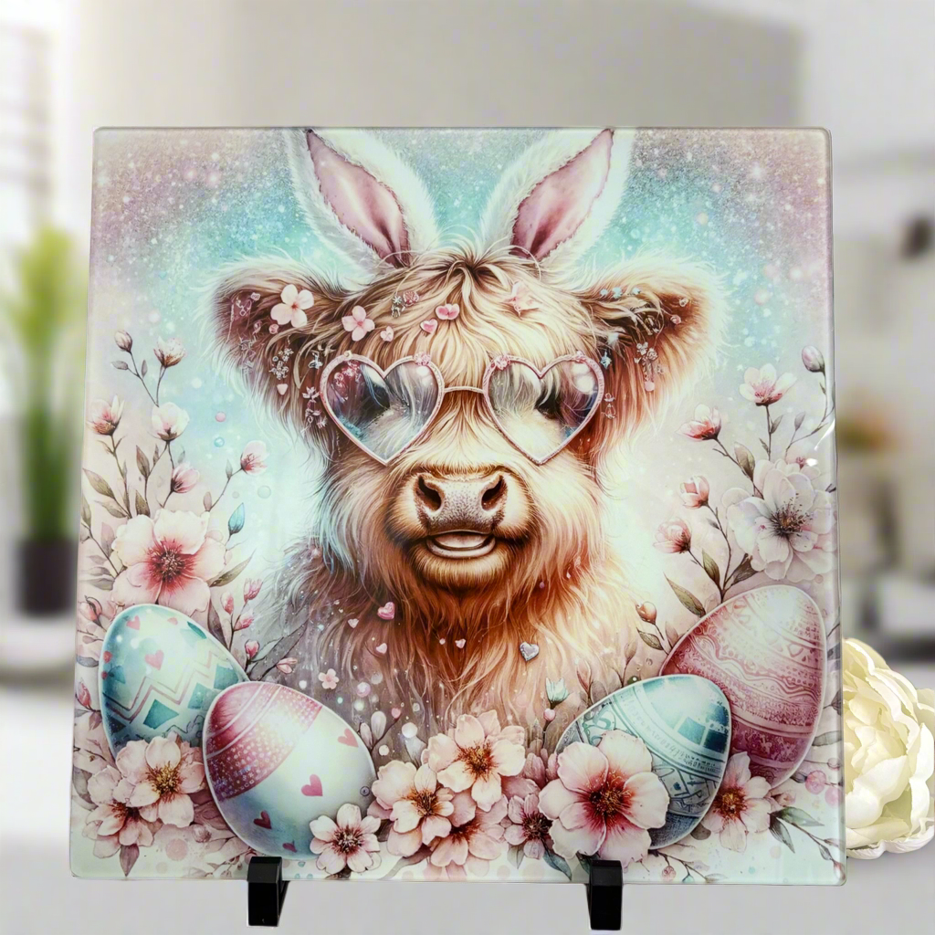 Pastel Easter Highland Cow 30cm Chopping Board