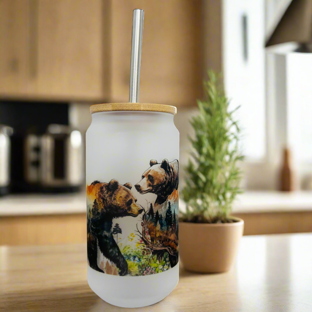 Bear/ Lake Glass Can 18oz Tumbler