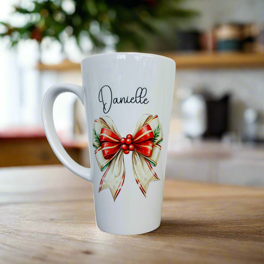 Cream & Red Bow Latte Ceramic Mug 17oz inc Box