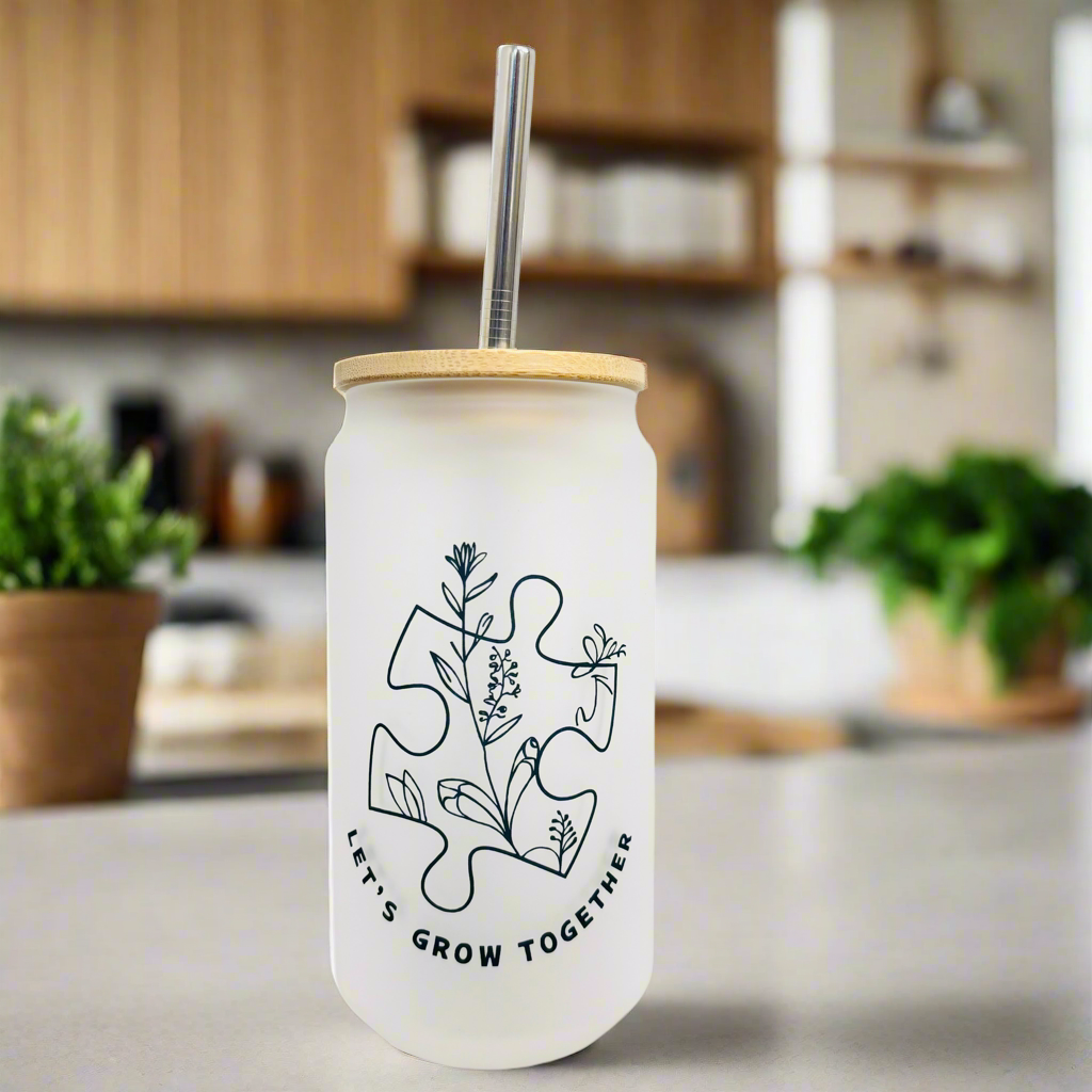 Jigsaw “Lets Grow Together” Frosted Glass Can 18oz Tumbler