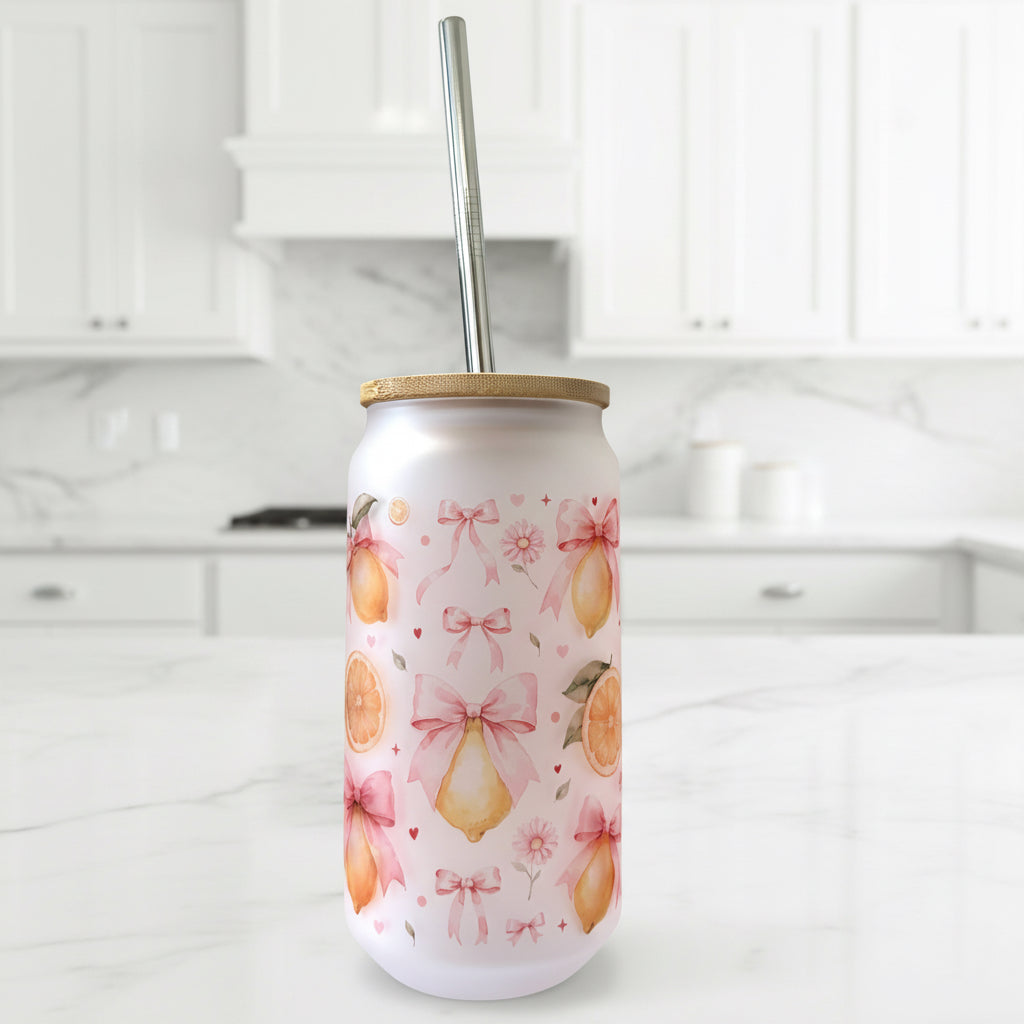 Lemon and Bows Frosted Glass Can 18oz Tumbler