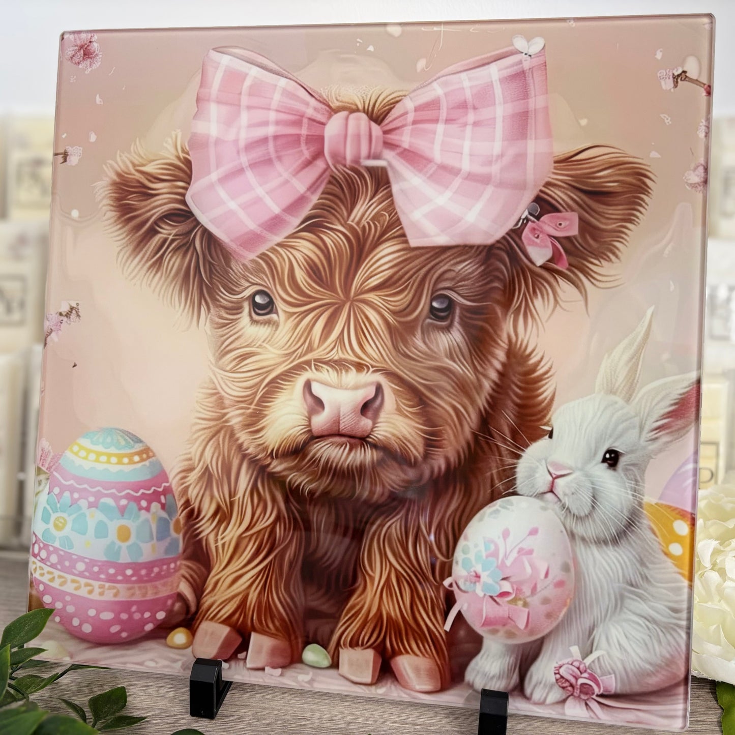 Pink Easter Highland Cow 30cm Chopping Board