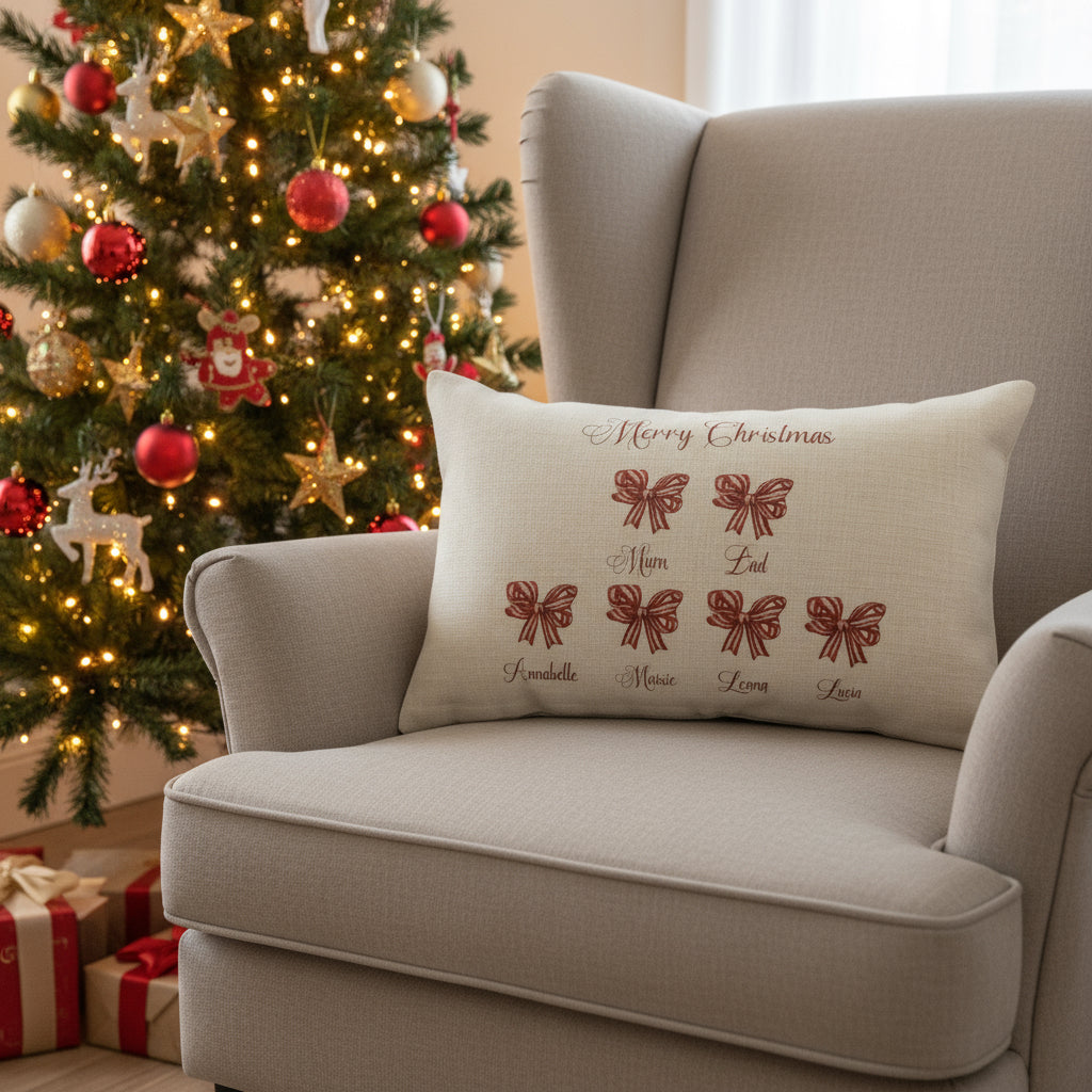 Red and White Striped Bows family Christmas - Filled Cushion