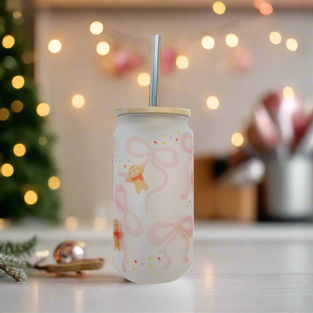 Gingerbread Bow Glass Can 18oz Tumbler