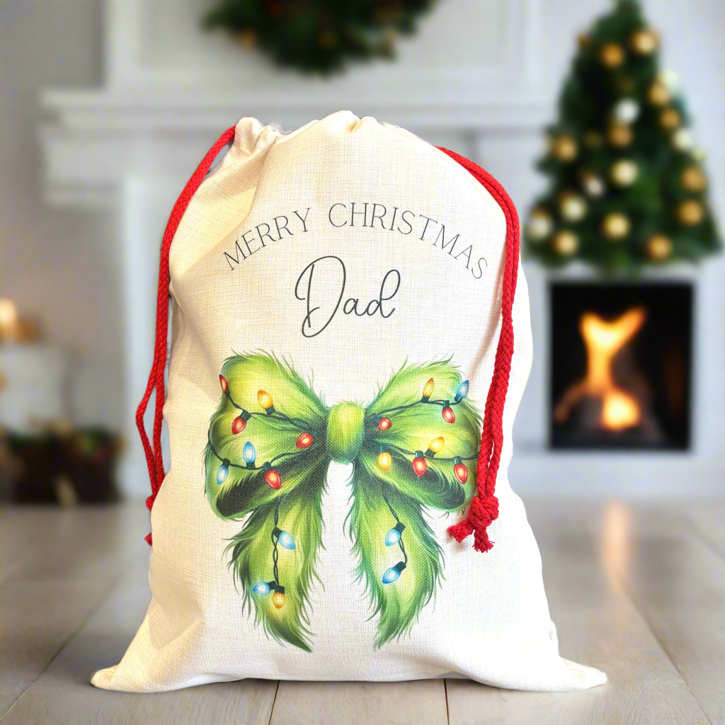 Green Fuzzy Bow Santa Sack