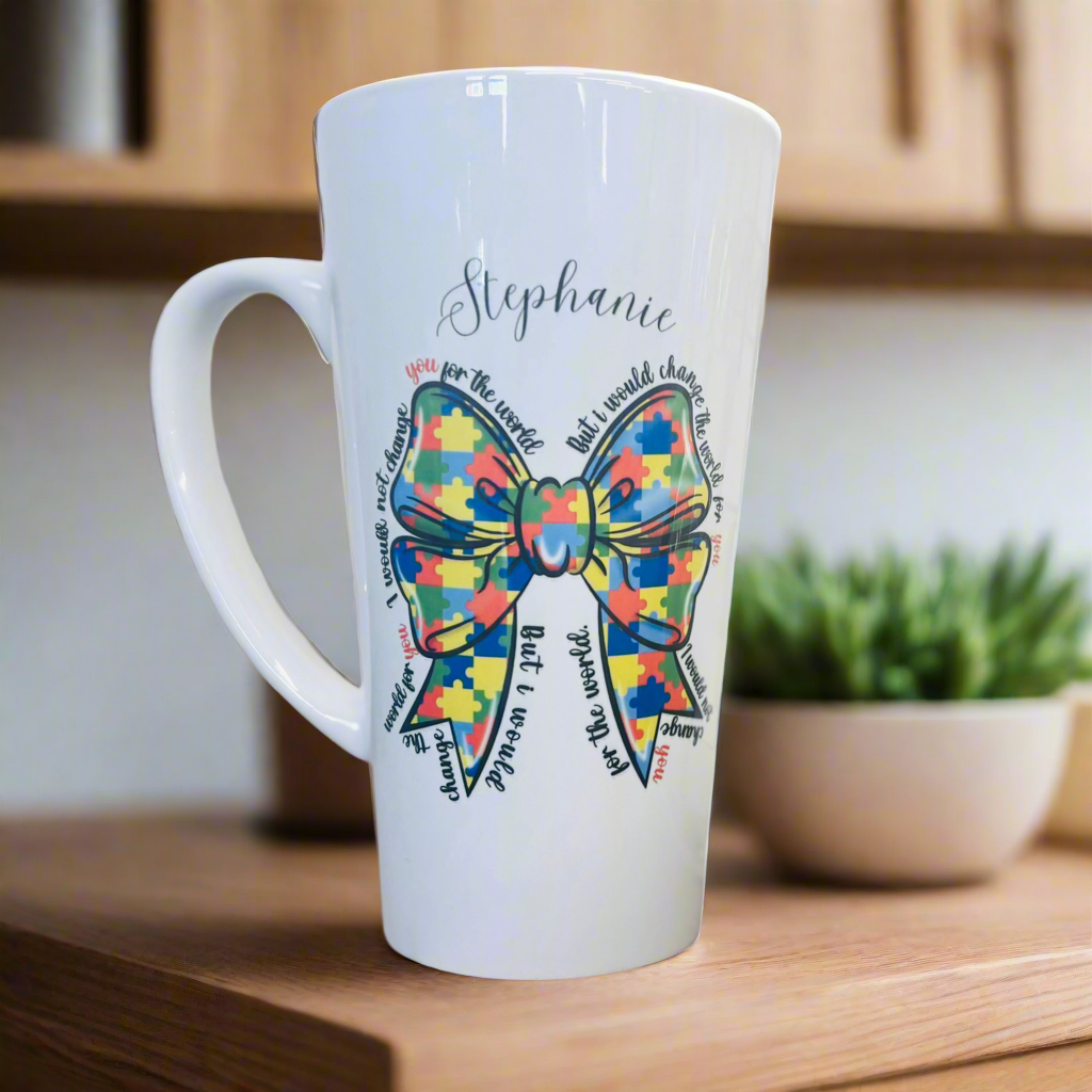 New Latte Autism/ Jigsaw Bow Ceramic Mug 17oz inc Box