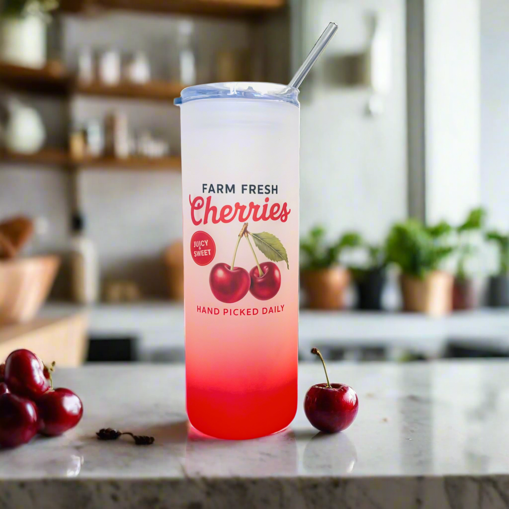 Farm Fresh Cherries Red Tall Skinny Glass Tumbler 25oz