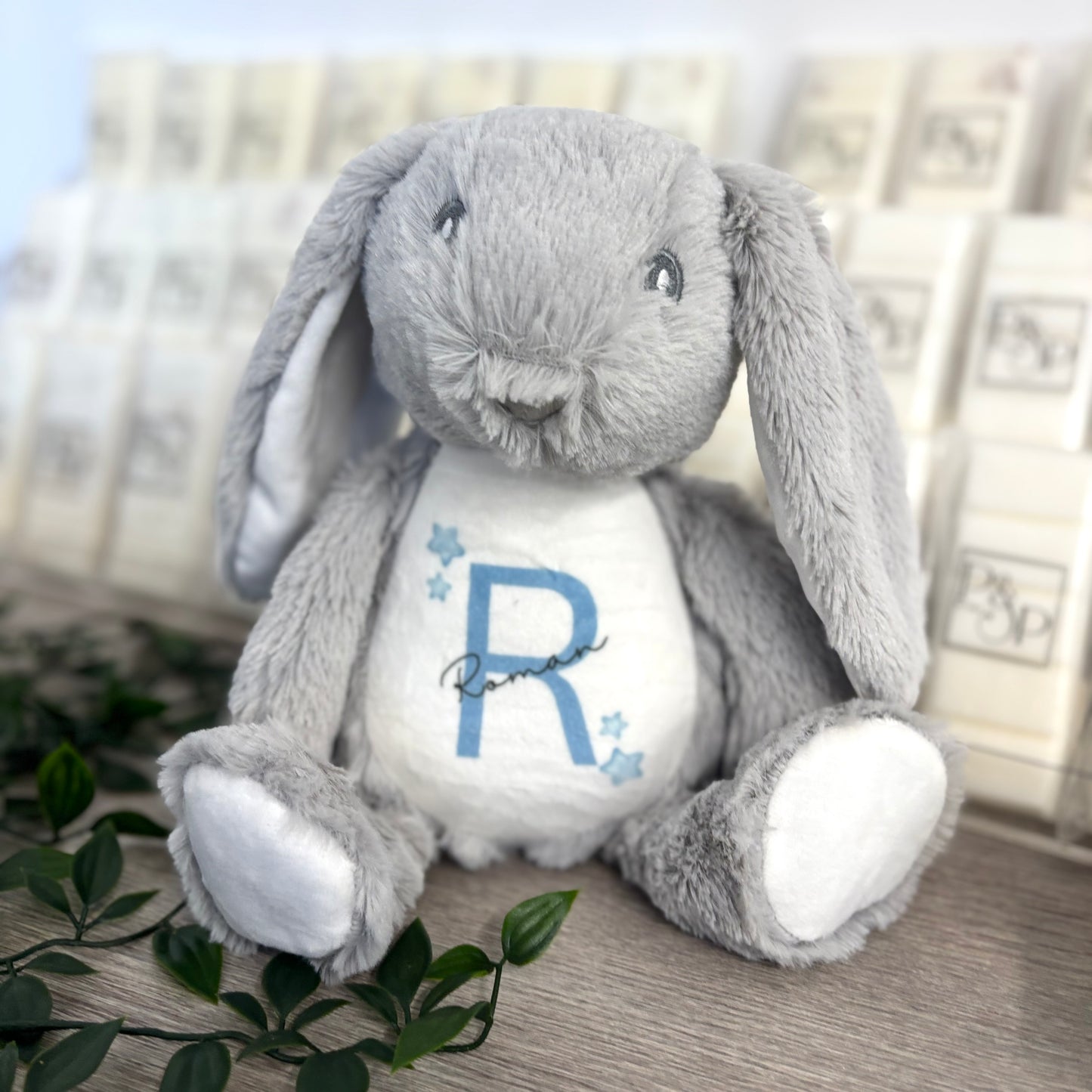 Grey Floppy Rabbit Plush with Initial & Name