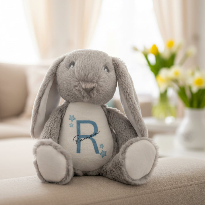 Grey Floppy Rabbit Plush with Initial & Name