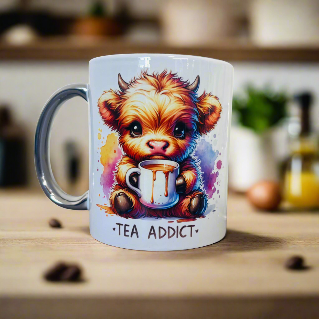 Tea Addict Highland Cow Silver handle mug