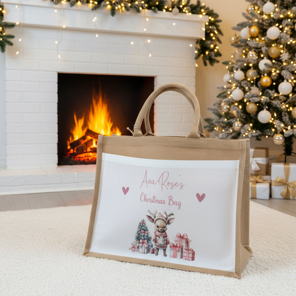 Christmas Eve Tote Bag- Baby Pink Reindeer