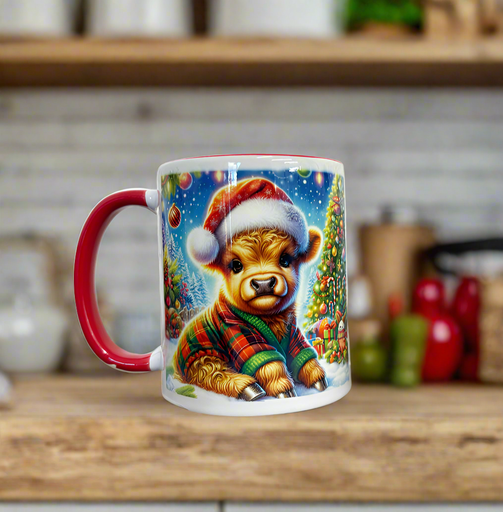 Highland Cow Christmas Scene Red Handle Mug