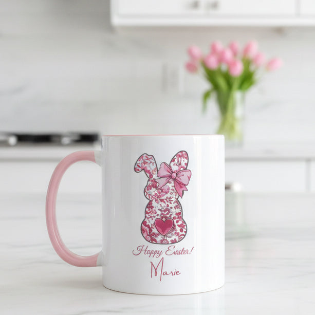 Bunny Mug “Happy Easter” Pink Handle Mug