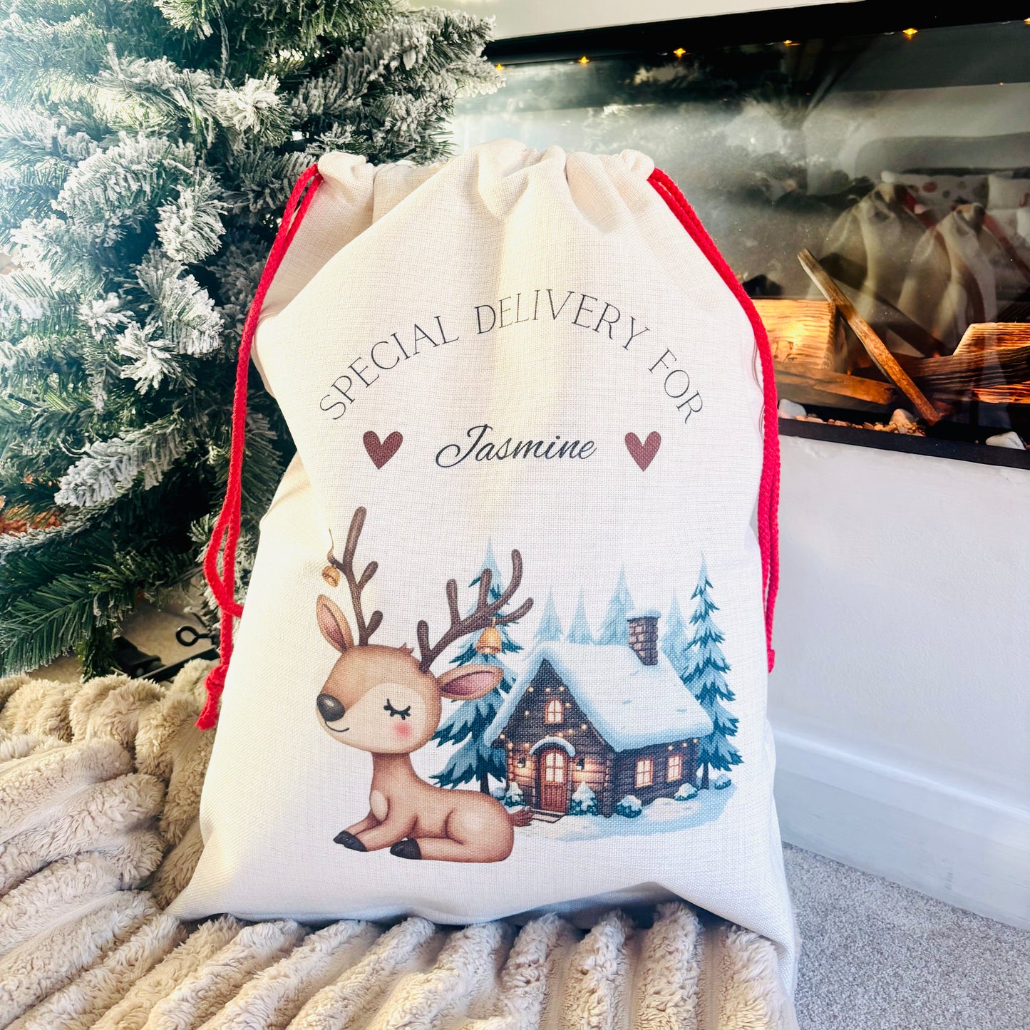 Reindeer with Christmas House Santa Sack