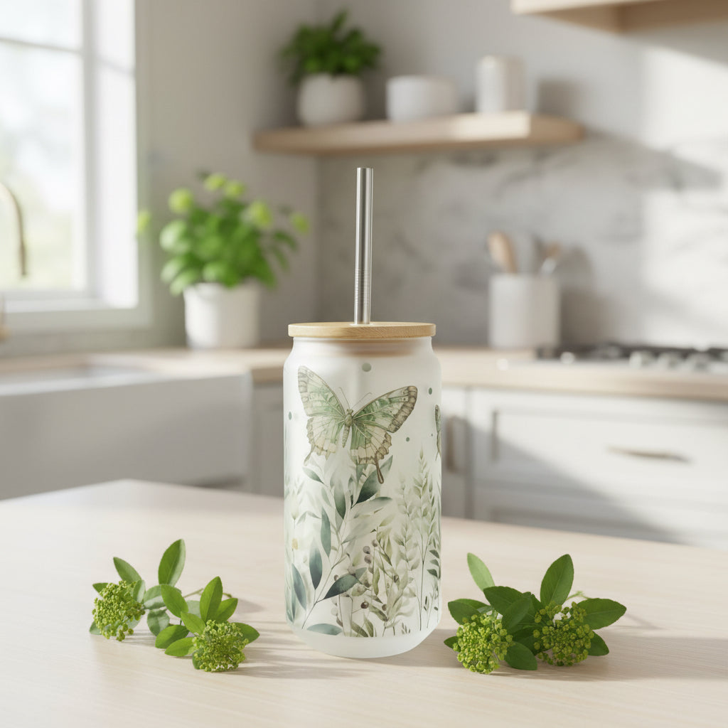 Butterfly Sage Green Frosted Glass Can 18oz Tumbler