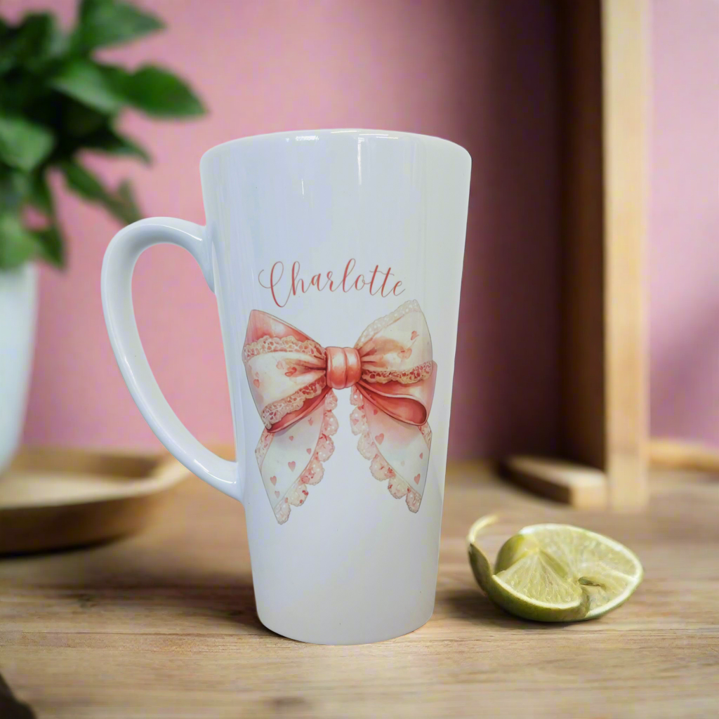 New Latte Ceramic Mug 17oz Pink Vintage Bow inc Box