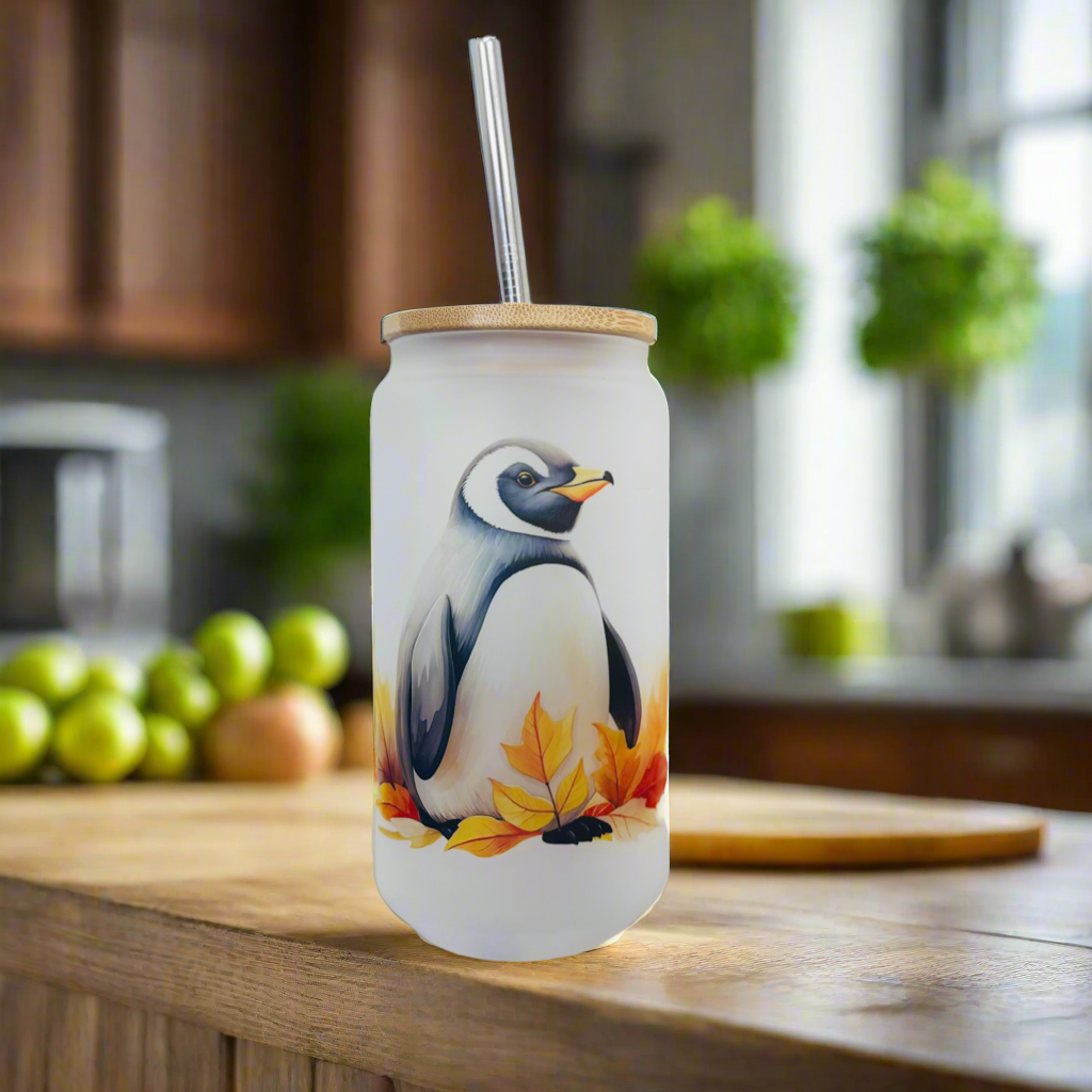 Penguin Frosted Glass Can 18oz Tumbler