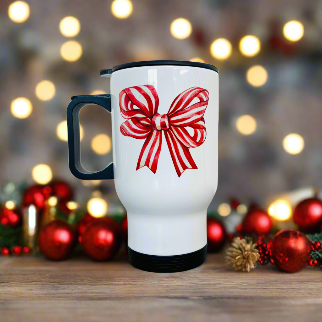 Travel Mug 14oz Red Christmas Bow Design