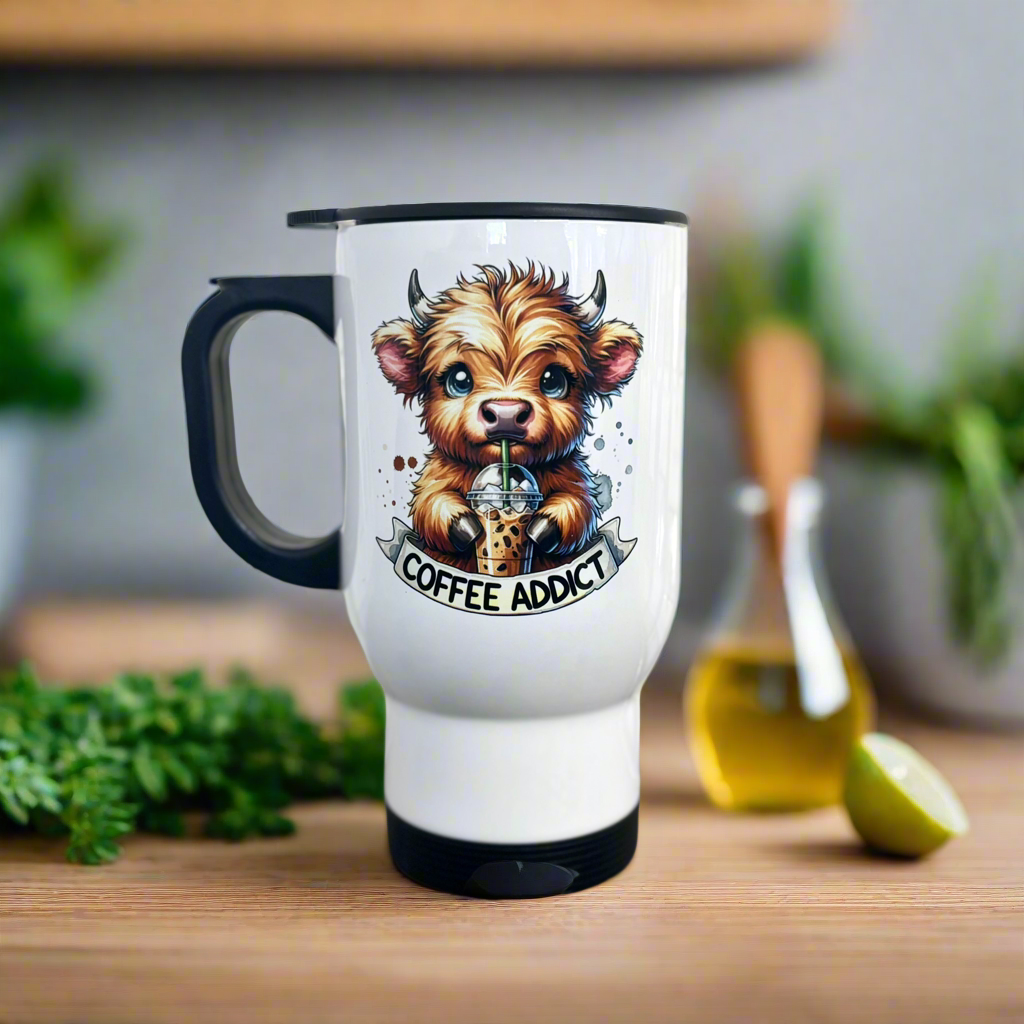 Travel Mug 14oz Highland Cow Coffee Addict