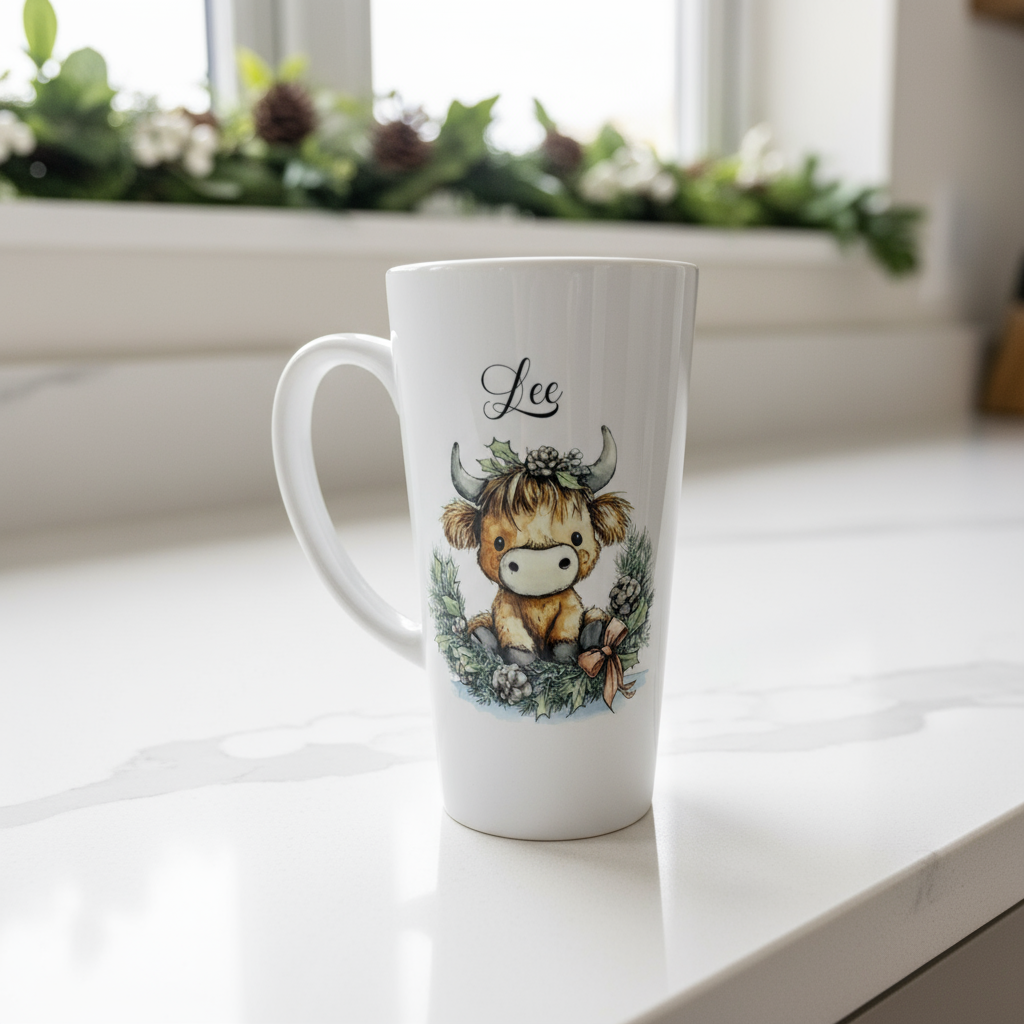 Cute Highland Cow With Santa Sack Latte Ceramic Mug 17oz inc Box