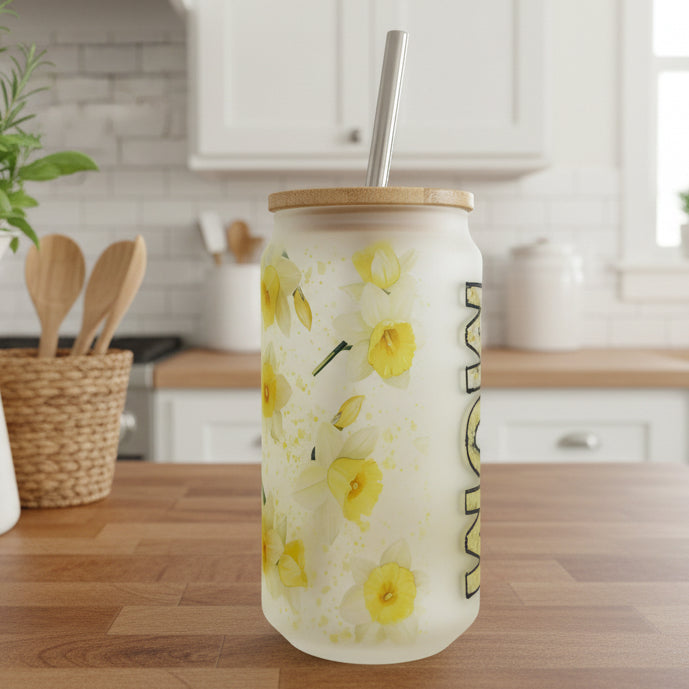Mum Daffodil Frosted Glass Can 18oz Tumbler