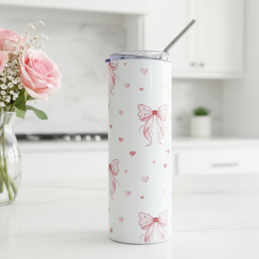 Pink Bows with Small Hearts Named Tumbler