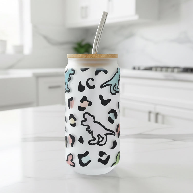 Dino Frosted Glass Can 18oz Tumbler