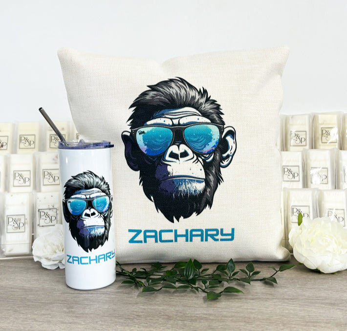 Blue Gorilla Bundle (Filled Cushion & Skinny Tumbler)