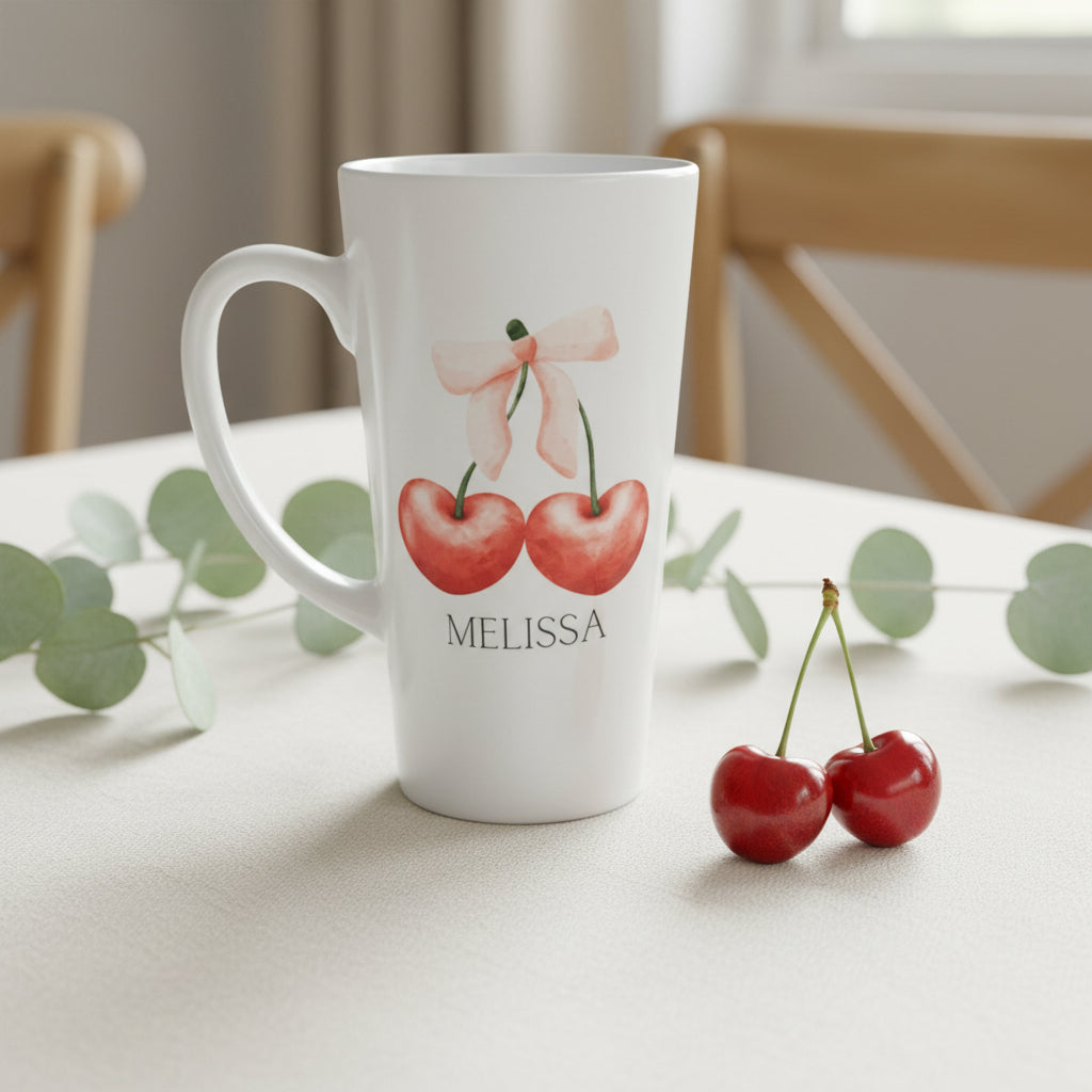 Latte Ceramic Mug 17oz Cherry With Bow
