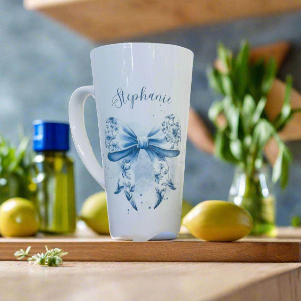 New Latte Ceramic Mug 17oz Blue Vintage Bow inc Box