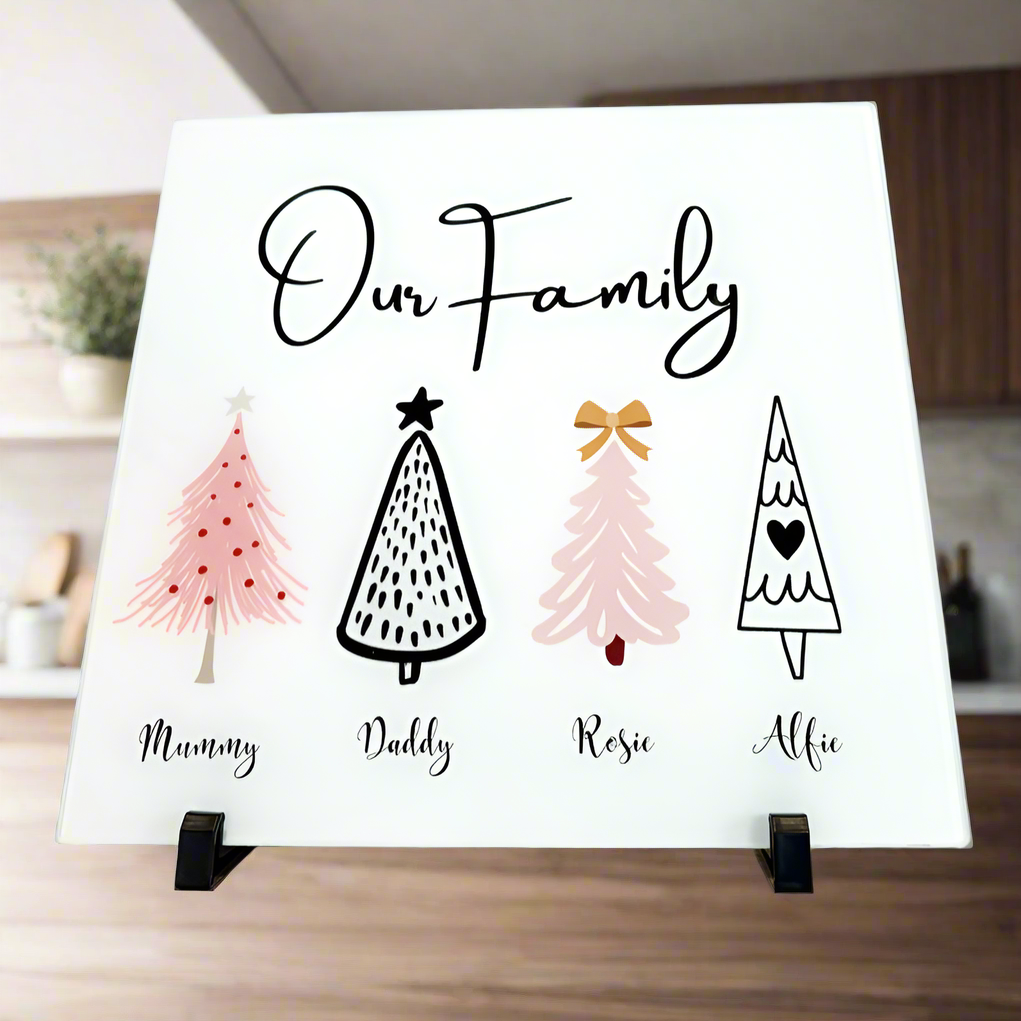 Our Family Pink and Black Christmas Trees 30cm Chopping Board