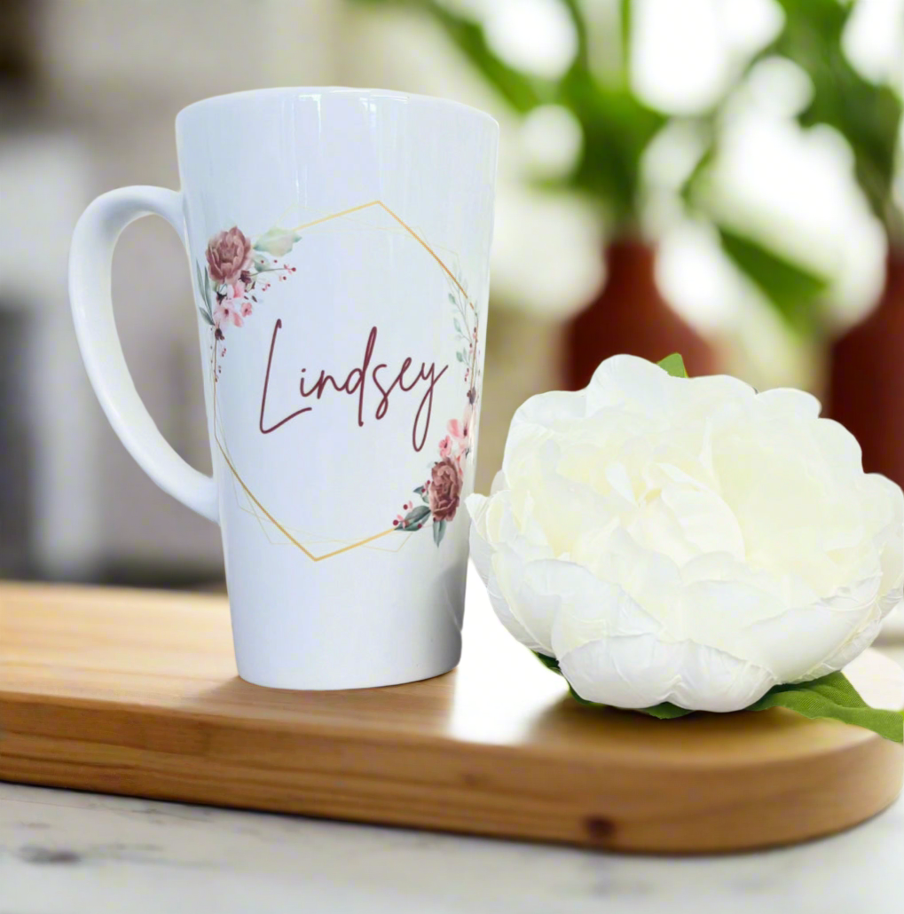 New Latte Ceramic Mug 17oz Gold Hexagon Hoop inc Box