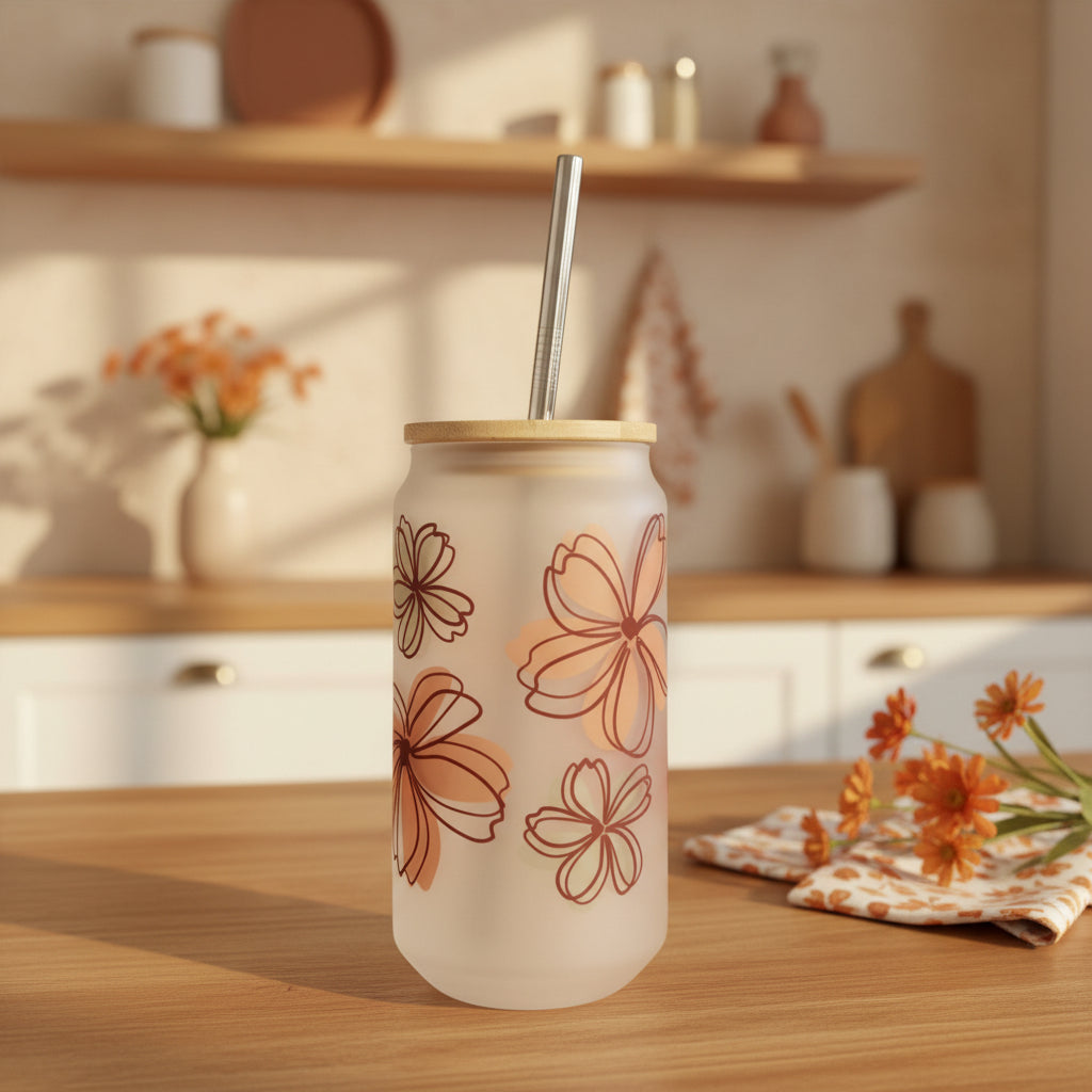Flowers Frosted Glass Can 18oz Tumbler