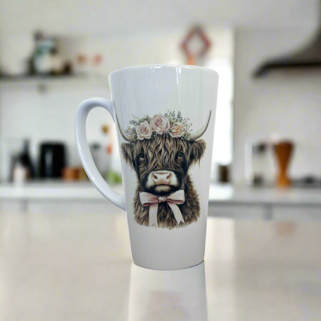 Dark Brown Highland Cow Pink Bow 17oz Latte Mug