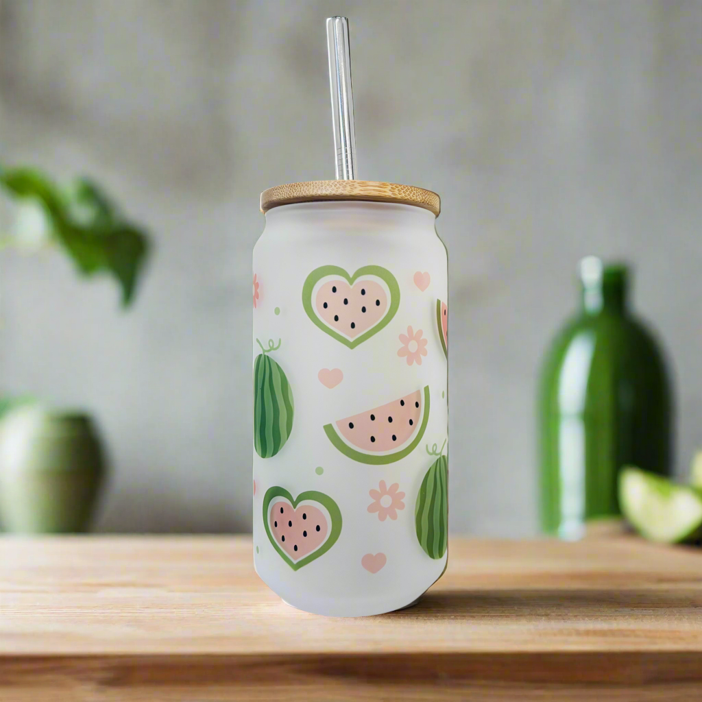 Watermelon Frosted Glass Can 18oz Tumbler
