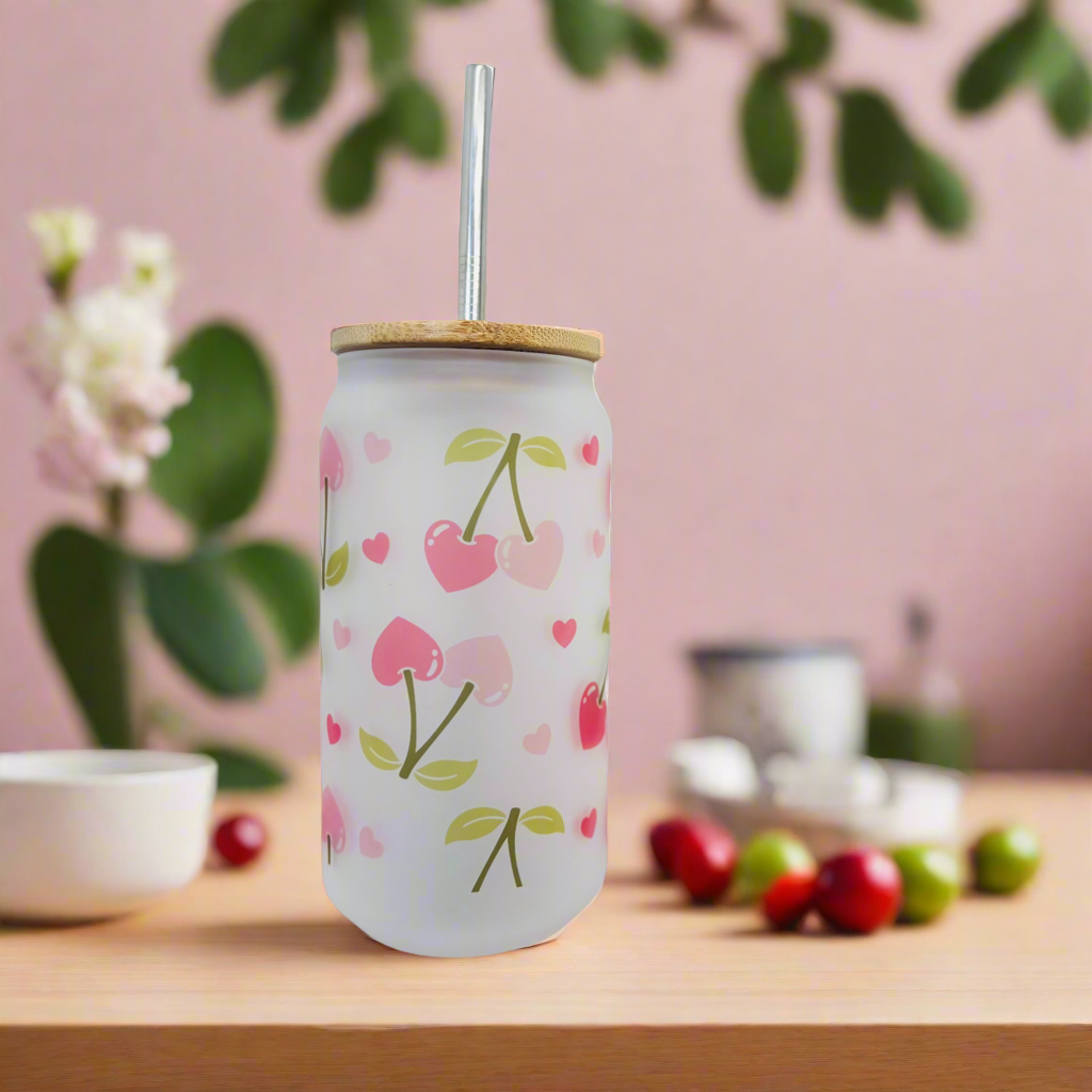 Cherry Hearts Frosted Glass Can 18oz Tumbler