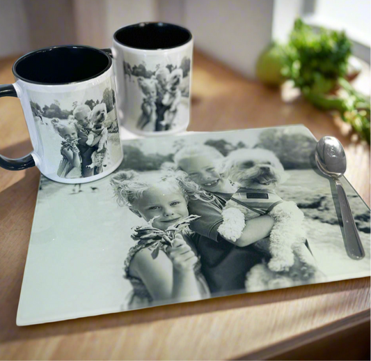 A4 Photo Smooth Chopping Board and 2 Photo Mugs Bundle