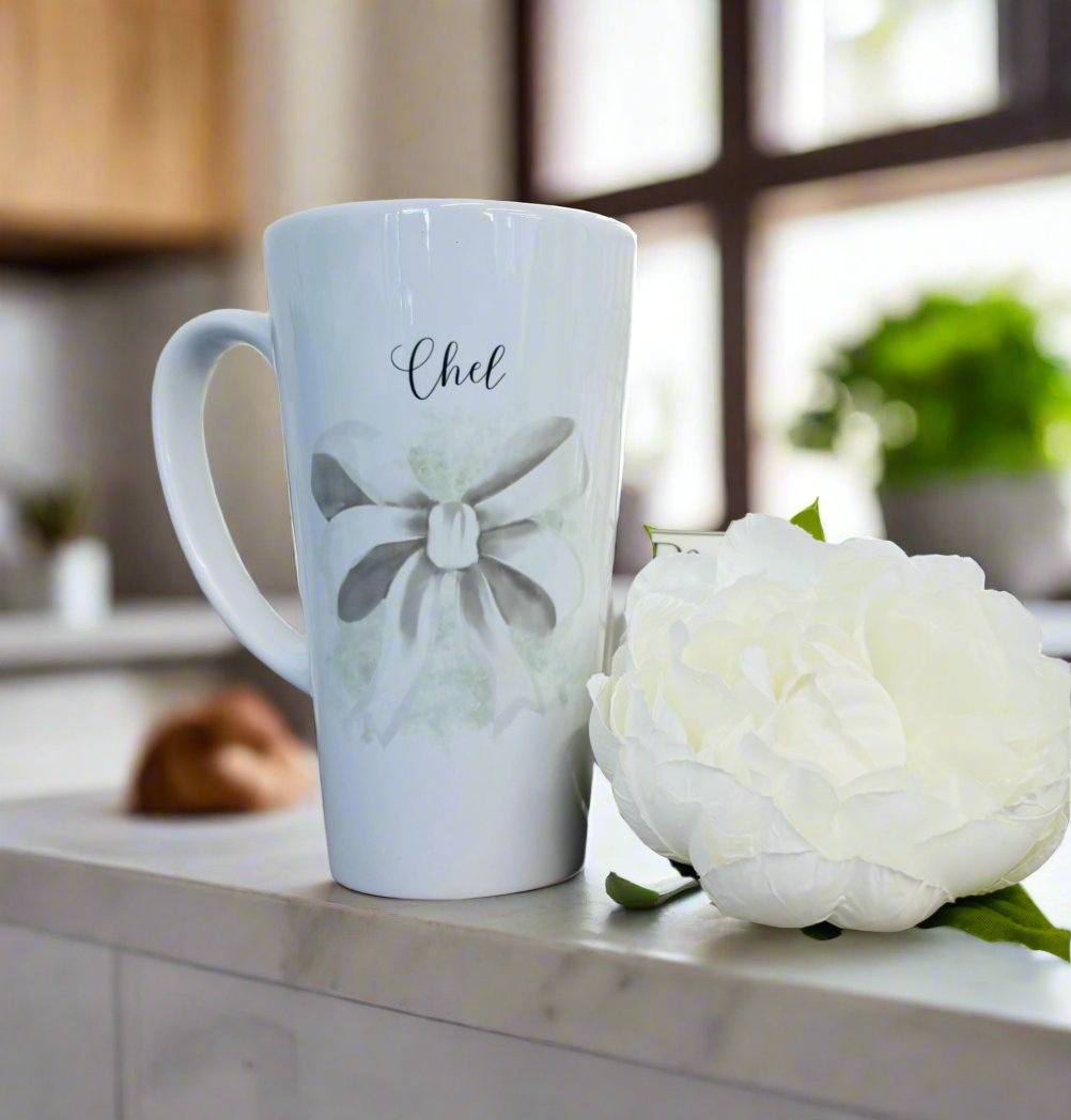 New Latte Ceramic Mug 17oz Grey Vintage Bow inc Box