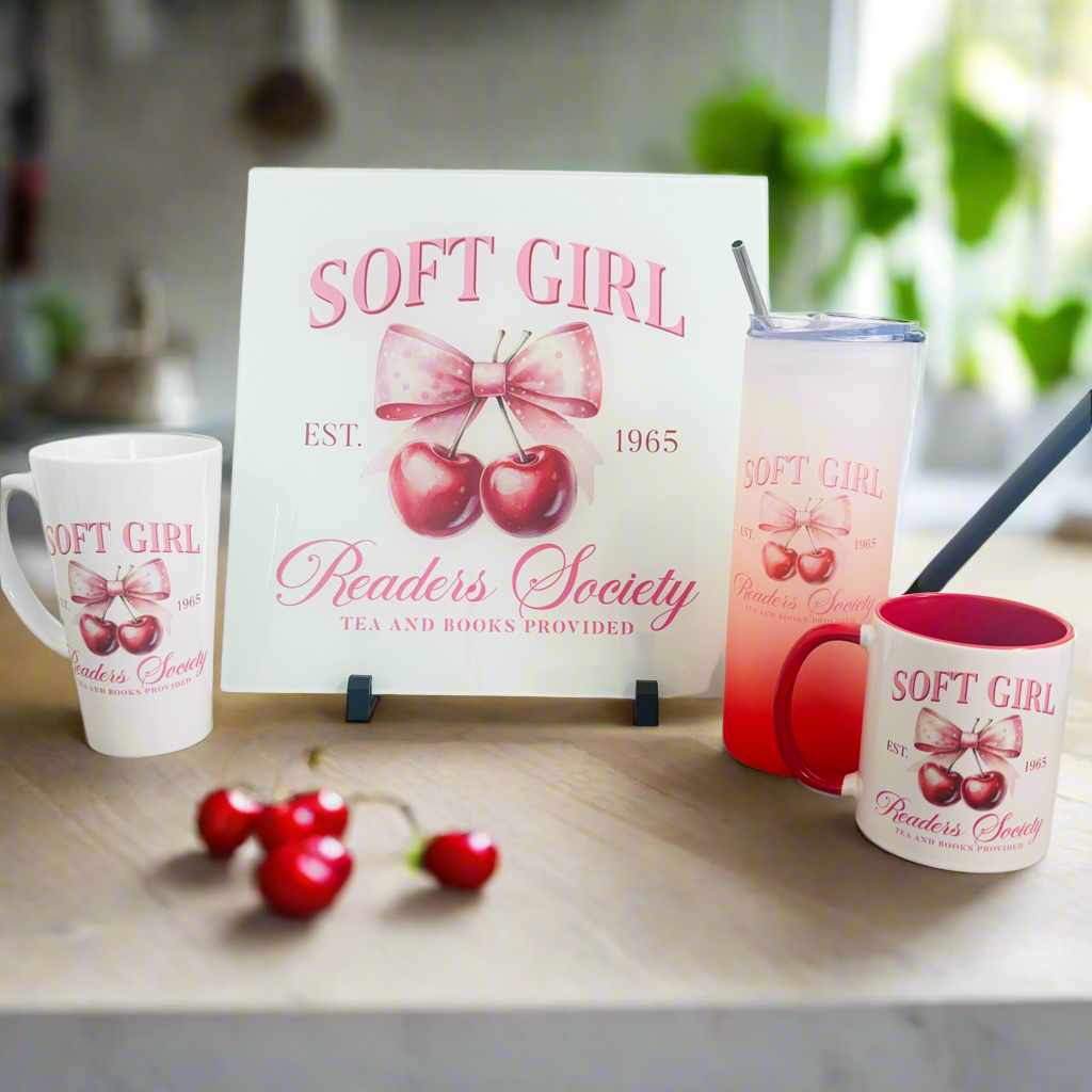 Soft girl Cherry Bundle: Splashback, 17oz Mug, 11oz Mug, Yellow Neon Glass Tumbler