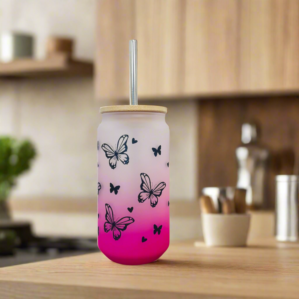 Neon Butterfly Frosted Glass Can 18oz Tumbler