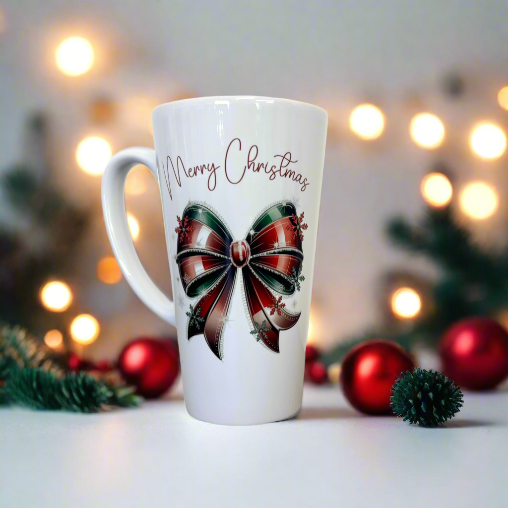 Red and Green Bow Latte Ceramic Mug 17oz inc Box