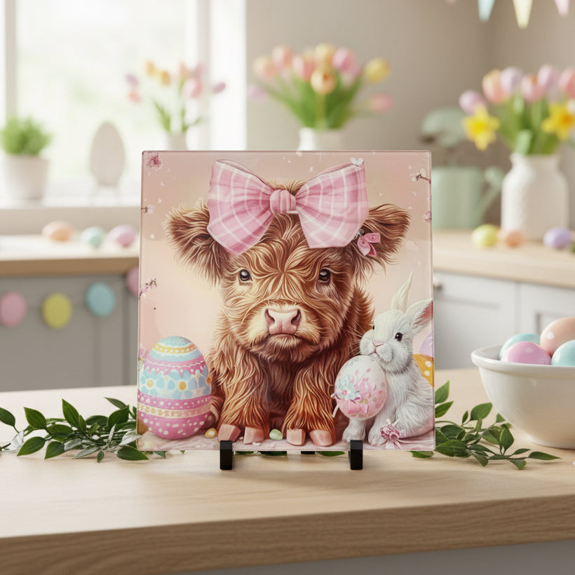 Pink Easter Highland Cow 30cm Chopping Board