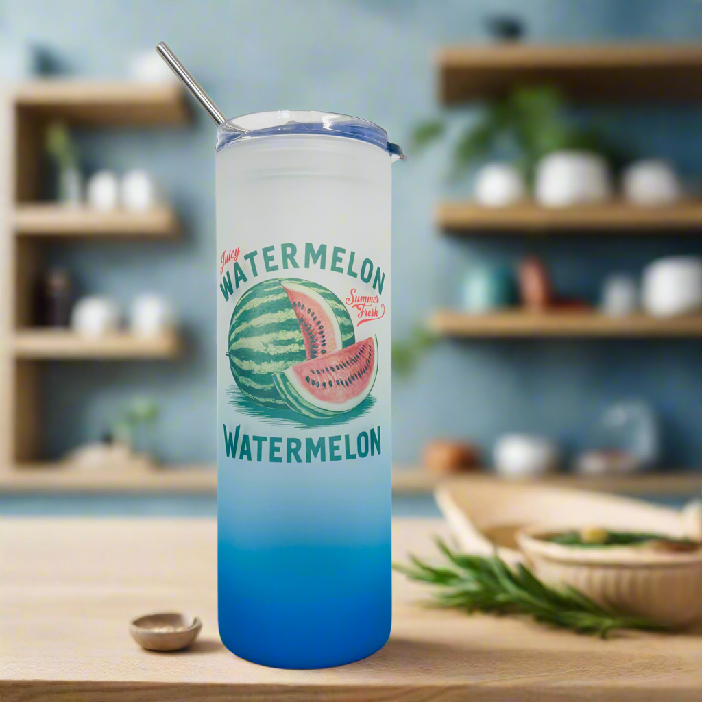 Watermelon light Blue Tall Skinny Glass Tumbler 25oz