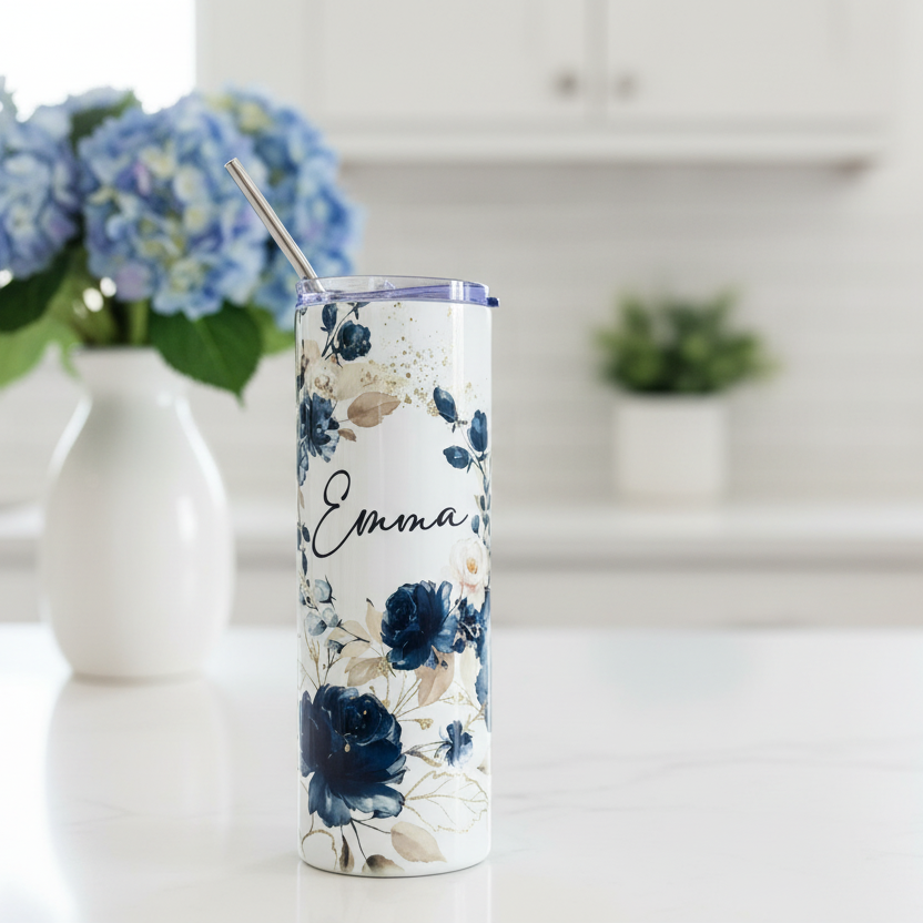 Navy Floral Named Tumbler