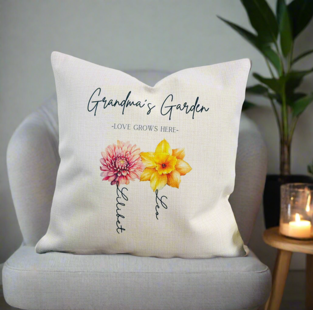 Love Grows Here - 40cm Filled Cushion (Don’t forget to leave us the name for who’s Garden this is)