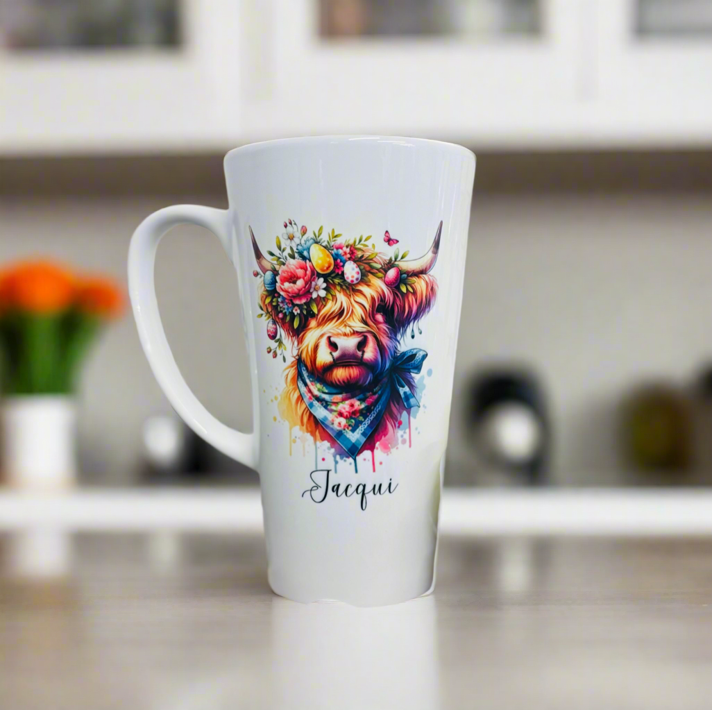 New Latte Ceramic Mug 17oz Highland Cow Bright Neon Easter inc Box