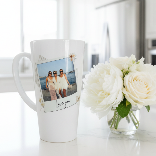 New Latte Ceramic Photo Mug with Bow 17oz inc Box