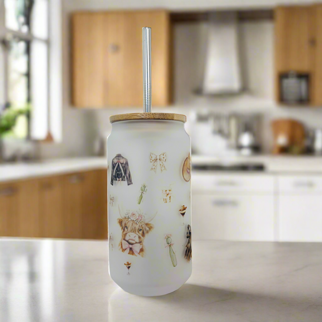 Cowgirl/ Highland Cow Frosted Glass Can 18oz Tumbler